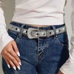 Ceinture en cristal brillant argenté pour femmes, tendance, assortie avec des pantalons tendance