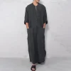 Jubba Thobe – caftan arabe pour hommes, en lin et coton, couleur unie, manches courtes, à capuche, Robes musulmanes, dubaï, moyen-orient, vêtements Abaya pour hommes
