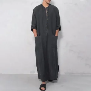 Jubba Thobe – caftan arabe pour hommes, en lin et coton, couleur unie, manches courtes, à capuche, Robes musulmanes, dubaï, moyen-orient, vêtements Abaya pour hommes
