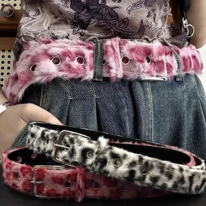 Ceinture en peluche rose à pois imprimé léopard, sous-culture Y2k Millennium Harajuku, ceinture épicée pour filles, accessoire de mode Vintage