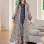 Robe Abaya géométrique brodée de luxe |   Caftan à manches longues en polyester pour femme |   Style traditionnel du moyen-orient |   Élégant B