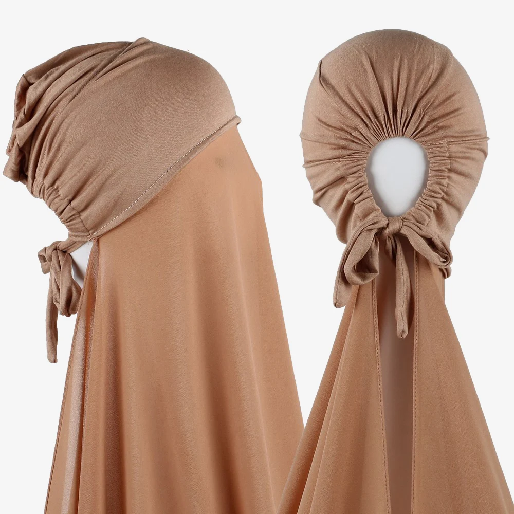 hijab instantané musulman pour femmes, bonnet avec châle en mousseline de soie, écharpe de tête, bandeau intérieur, couverture hijab extensible, turban