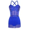 femmes strass latin tango danse justaucorps robe maille transparente patchwork à plusieurs niveaux gland frange une pièce body robe dancewear