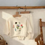 Costumes beiges fleur lapin impression sweats polyvalents sweats 2026 bébé début automne Costume mignon sweat à capuche pantalons de survêtement Costume