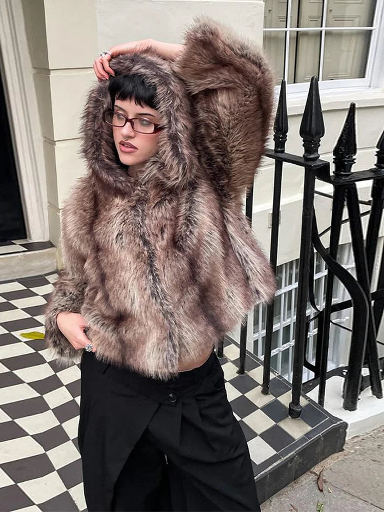 manteau de fourrure à capuche pour femme bouton caché à manches longues manteau de fourrure moelleux femme hiver ample rue décontracté fausse fourrure manteaux dames