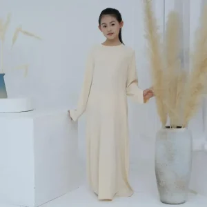 Abaya-Robe arabe à manches longues et col rond pour enfants musulmans, robe de Turquie unie, vêtements islamiques pour filles, modeste, moyen-orient