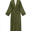 abaya à rayures vertes avec détail de ceinture, adapté aux tendances de la mode au qatar saoudien et les sorties quotidiennes modestes islamiques, rassemblement décontracté