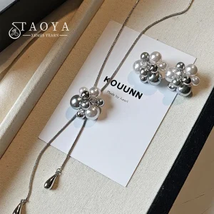 Boucles d&rsquo;oreilles en perles de fleur gris blanc, collier, accessoire haut de gamme pour femmes et filles, ensemble de collier réglable de luxe léger, bijoux