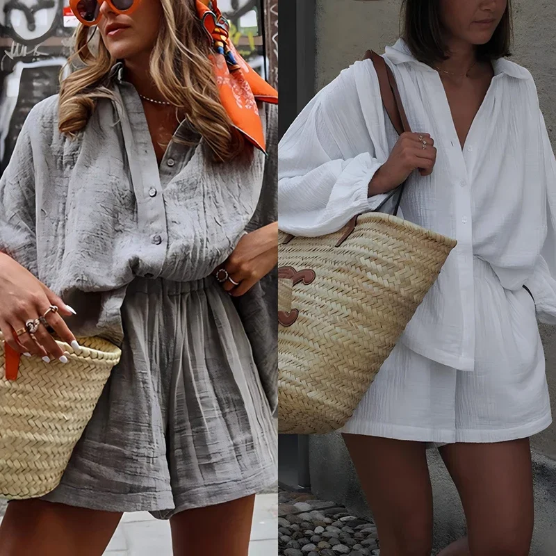 Ensembles courts amples pour femmes printemps été chemises de couleur unie à manches courtes 2 pièces ensembles tenue Vintage femmes costumes ensemble Short et haut