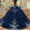 sagemary – robes de quinceanera sans bretelles à paillettes pour filles, avec des appliques en dentelle, robe de bal, corset, manches détachables, tulle et strass