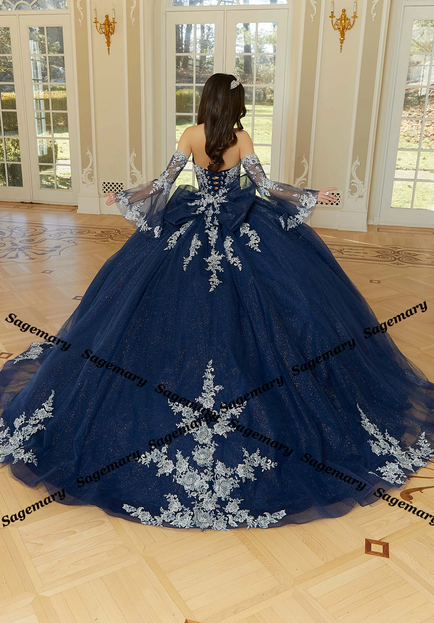 Sagemary – robes de Quinceanera sans bretelles à paillettes pour filles, avec des Appliques en dentelle, robe de bal, Corset, manches détachables, Tulle et strass