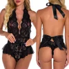 robe body transparente en dentelle pour femmes, entrejambe ouvert, lingerie sexy, costume de poupée, dos nu, col licou, sous vêtements