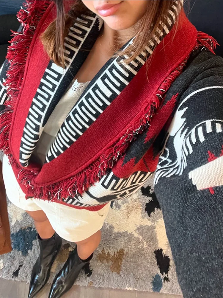 manteaux à pampilles en jacquard pour femmes, ceinture à lacets, col en v, châle, cardigan, taille cintrée, hauts trapèze, mode automne, nouveaux vêtements féminins