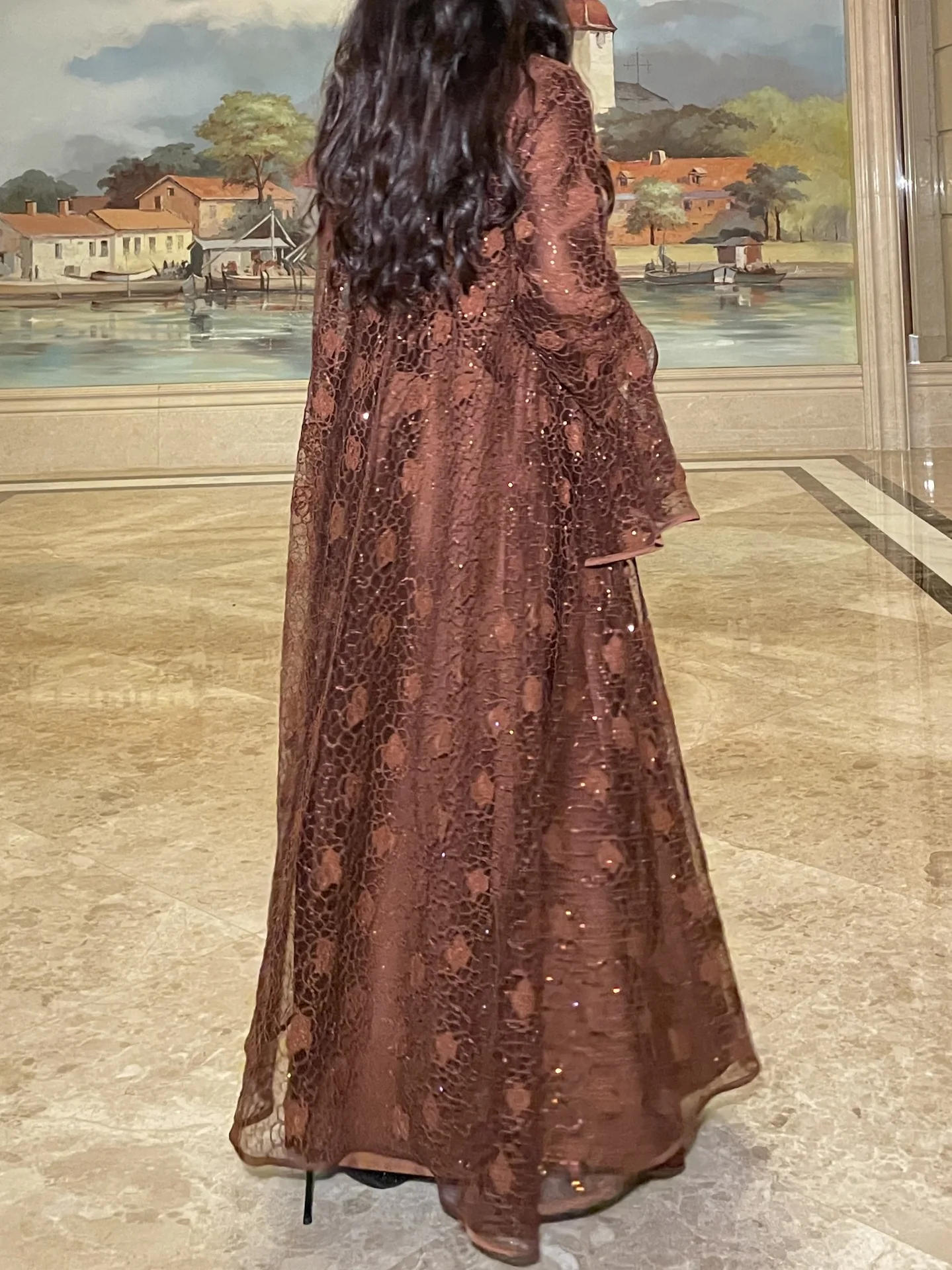 femmes musulmanes abaya robe 2 pièces ensemble manches évasées dentelle paillettes satin marocain caftan robe musulman ensembles cadigan tenue costumes