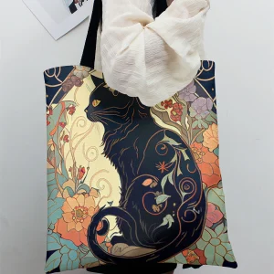 Sac à main décontracté imprimé motif chat noir, sac à dos réutilisable à la mode, sac à main multifonctionnel, sac de shopping en toile