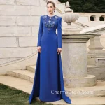 Robe de soirée arabe, personnalisée, modeste, col rond, manches longues, perles, pierres, robe de soirée formelle