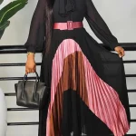 Femmes élégantes à manches longues Patchwork Maxi robe plissée avec ceinture nœud manches bouffantes vêtements africains dubaï caftan Abaya tenue de fête