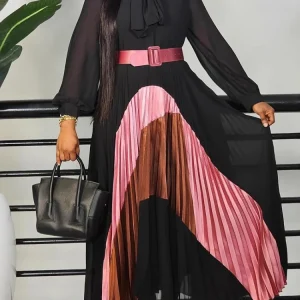 Femmes élégantes à manches longues Patchwork Maxi robe plissée avec ceinture nœud manches bouffantes vêtements africains dubaï caftan Abaya tenue de fête