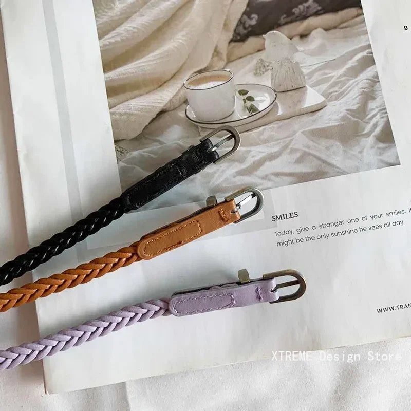 102cm ceinture en cuir tressé femmes ceinture de taille mince noir rouge blanc rose dames pu bracelet en cuir boucle ardillon femmes ceintures