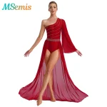 Costume de danse de salon contemporaine lyrique pour femmes, strass brillants, maille transparente, manches évasées, robe justaucorps fluide fendue