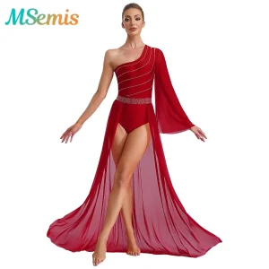 Costume de danse de salon contemporaine lyrique pour femmes, strass brillants, maille transparente, manches évasées, robe justaucorps fluide fendue