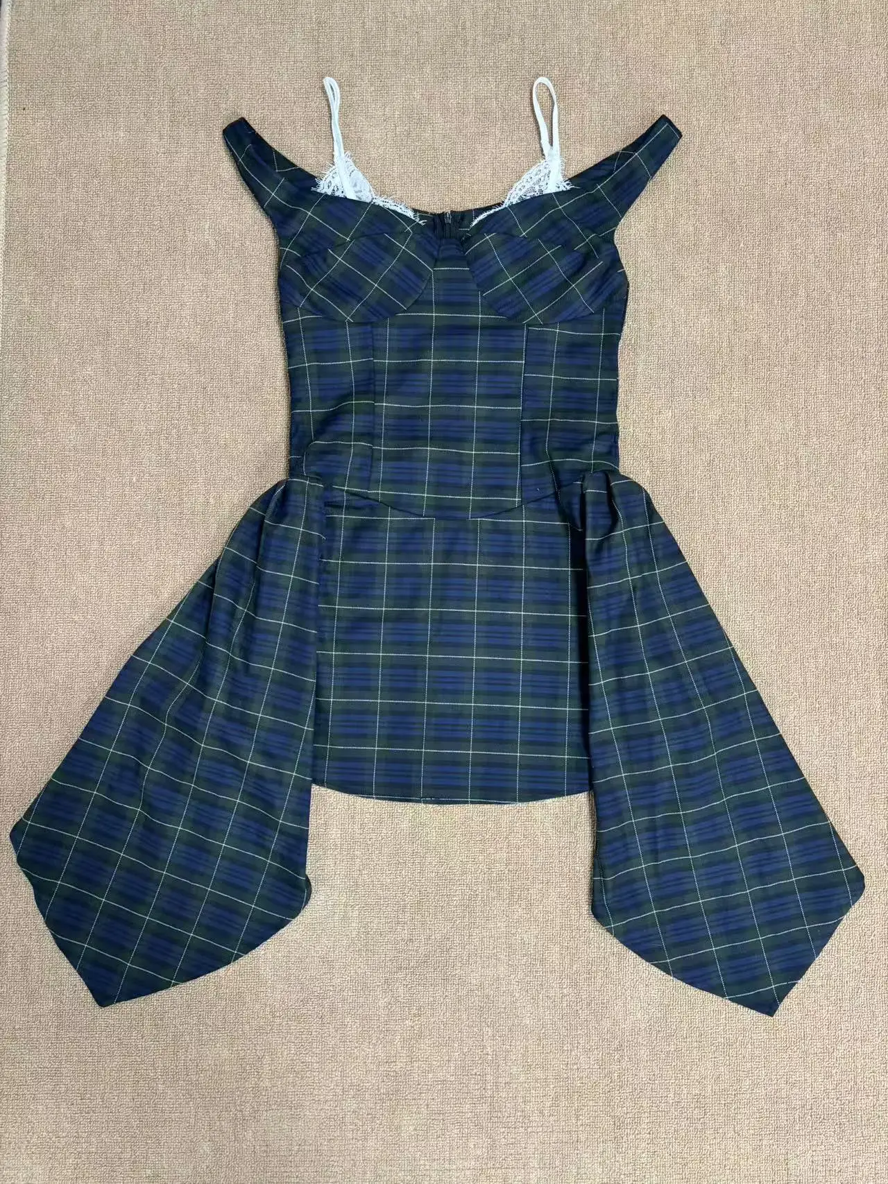 Robe à carreaux deux pièces pour femme - Mini robe froncée avec corset vintage Y2K avec bordure en dentelle
