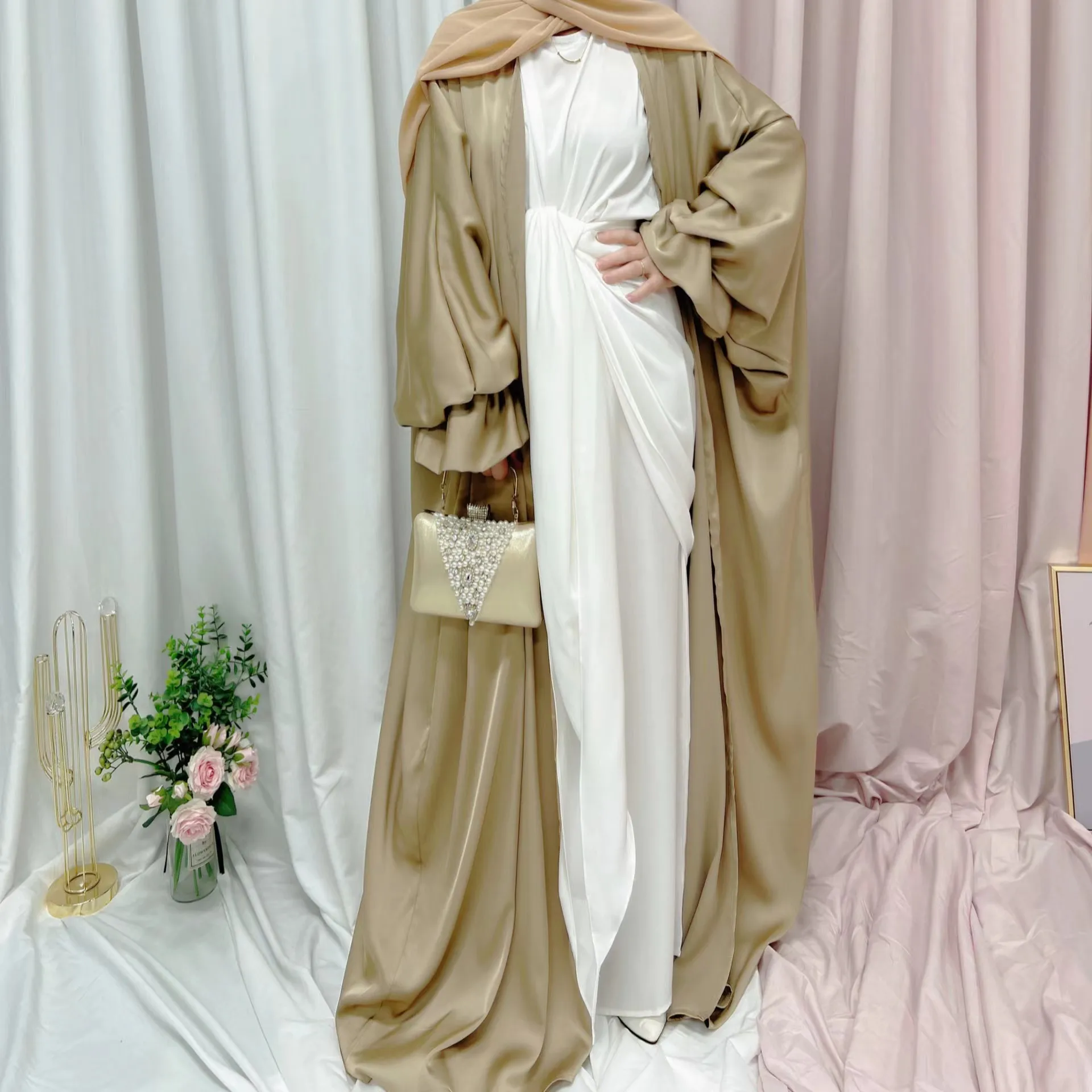 abaya de luxe à manches bouffantes pour femmes musulmanes, robe de ramadan, robe de soirée blanche et rose, vêtements kimono, turquie, dubaï, vêtements islamiques pour filles