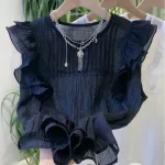 Chemisiers blancs à col rond pour femmes, chemises à volants, chemisier d&rsquo;été vintage, mode 2025