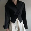 chemise chic en mousseline de soie pour femme, vêtement à proximité croisée, wstring, dos aux, chimdesign, col rabattu, simple boutonnage, couleur unie