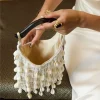 sac à main en coquillage fait à la main, sac seau tissé avec poignée en bois, pompon brodé hobo, pochette de soirée à bandoulière