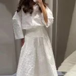 Ensemble 2 pièces décontracté à franges pour femmes, col à revers blanc, chemise à manches longues, jupe longue trapèze, costume de rue pour dames, nouveau