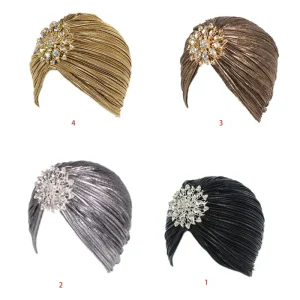 Chapeau Turban indien pour femmes, couvre-tête plissé en velours doux, Hijab avec broche, bijoux