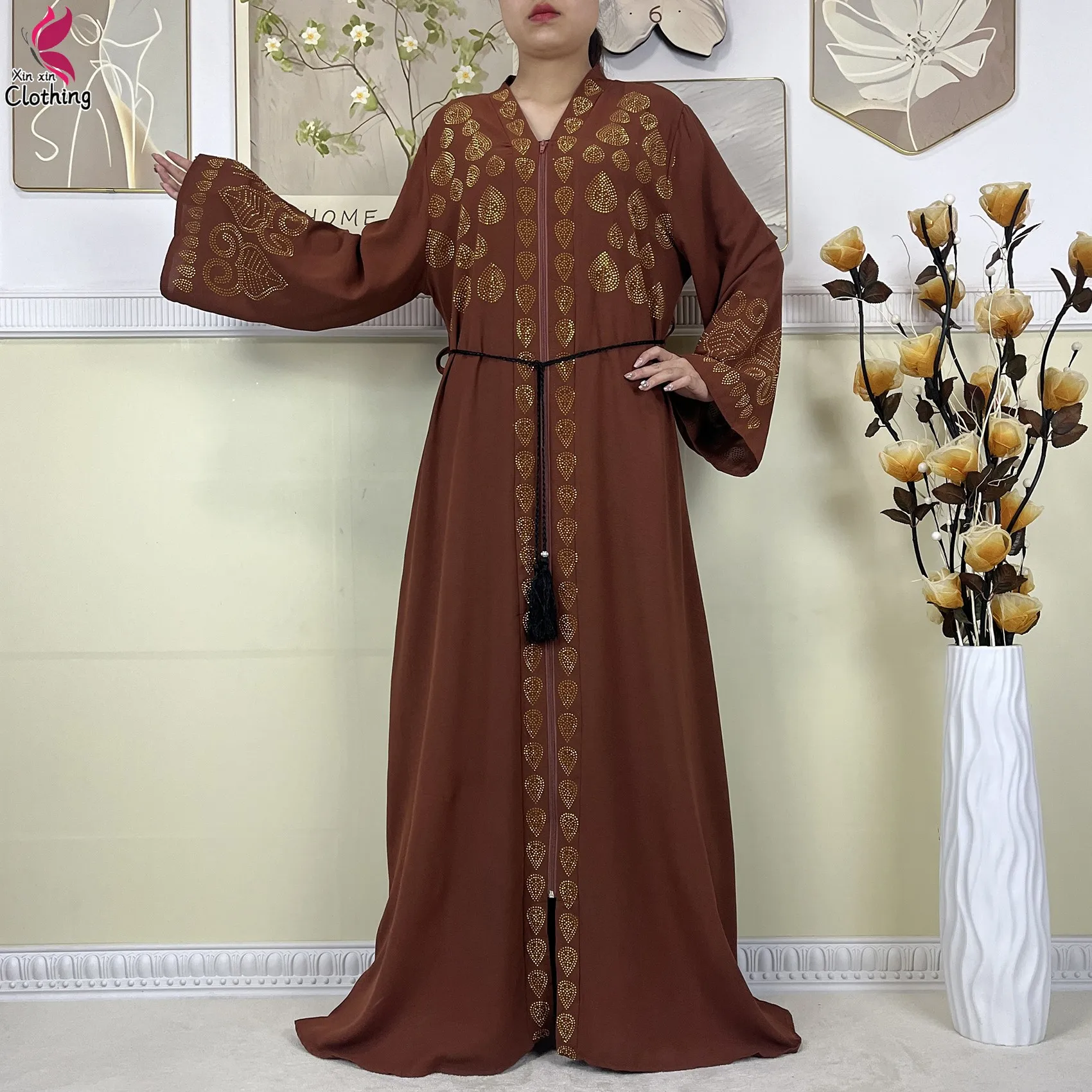 robe abaya ouverte en mousseline de soie pour femme musulmane, nouveau style, dubaï, Élégante, vêtements islamiques, cardigan à fermeture Éclair, avec Écharpe, 2024