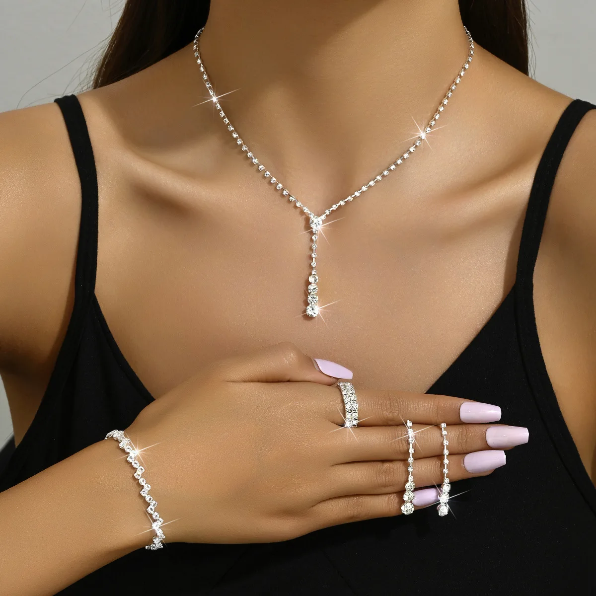 Ensemble de bijoux de bal en argent pour femmes, 5 pièces, bagues minimalistes, collier, boucles d'oreilles, Bracelet, accessoires pour robe de soirée de mariage, cadeaux