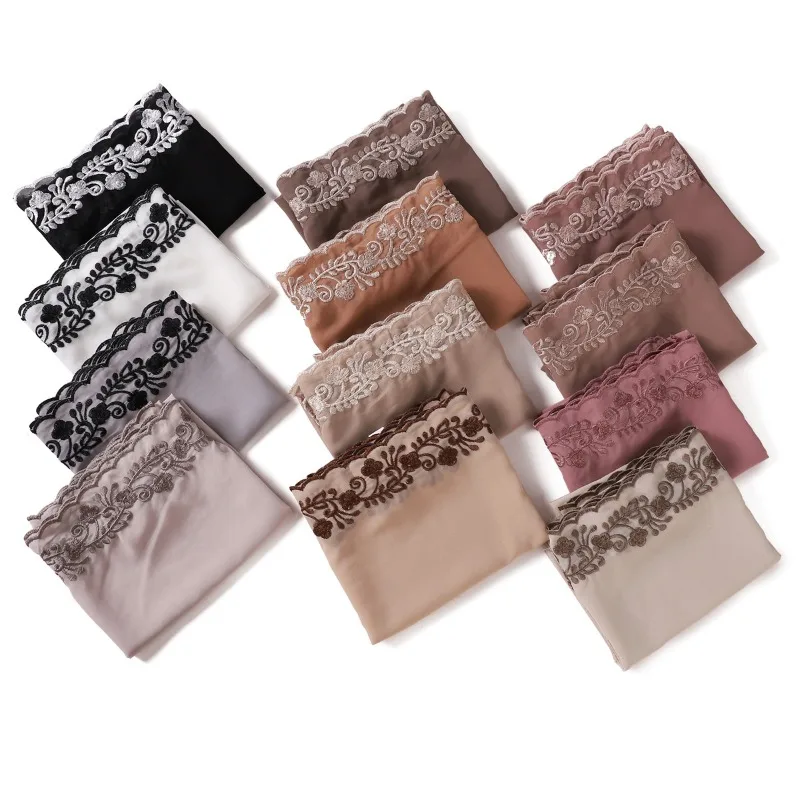 hijabs pour femmes longue écharpe châle en mousseline de soie trèfle brodé bord en dentelle léger respirant couleur unie perle en mousseline de soie dentelle musulmane