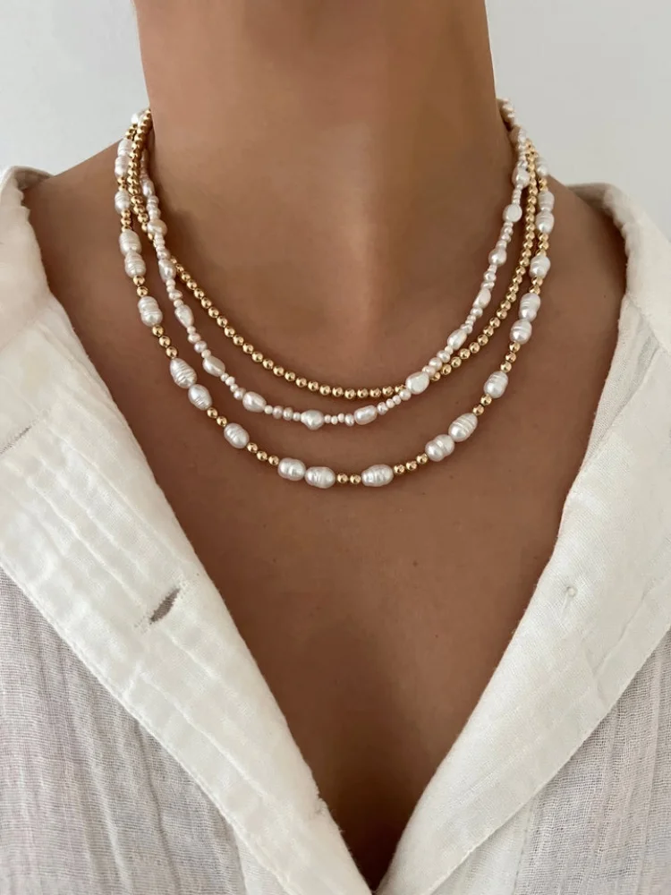 Collier ras du cou en perles naturelles plaqué or 18 carats, bijoux pour femmes, élégant, minimaliste, superposé, bijoux de plage d'été, cadeau