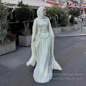 SSYTENS robes de soirée modestes avec Hijab à manches longues Cape robe de soirée de mariage musulmane à la main fleur robes de soirée personnalisées
