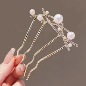 Peignes à cheveux ondulés en perles et strass, Style français, haut de gamme, élégant, Style forêt, épingle à cheveux en forme de U, tête de chignon pour femmes, fermoir en métal