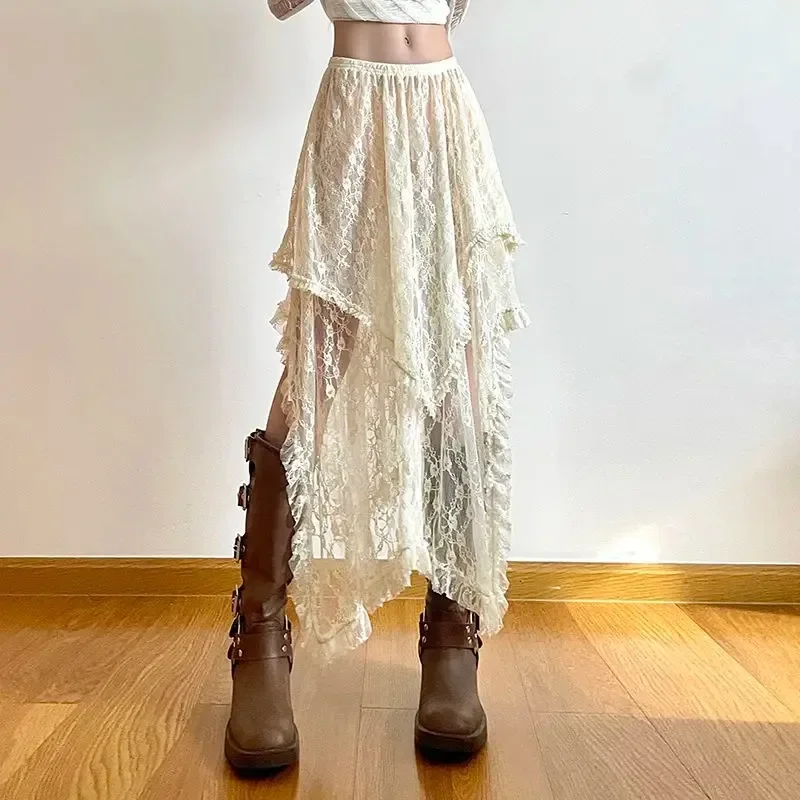 Jupe asymétrique en dentelle Fairycore pour femmes, Vintage Y2K Boho, mode esthétique, taille haute, mi-jupes, tenues de vacances pour dames