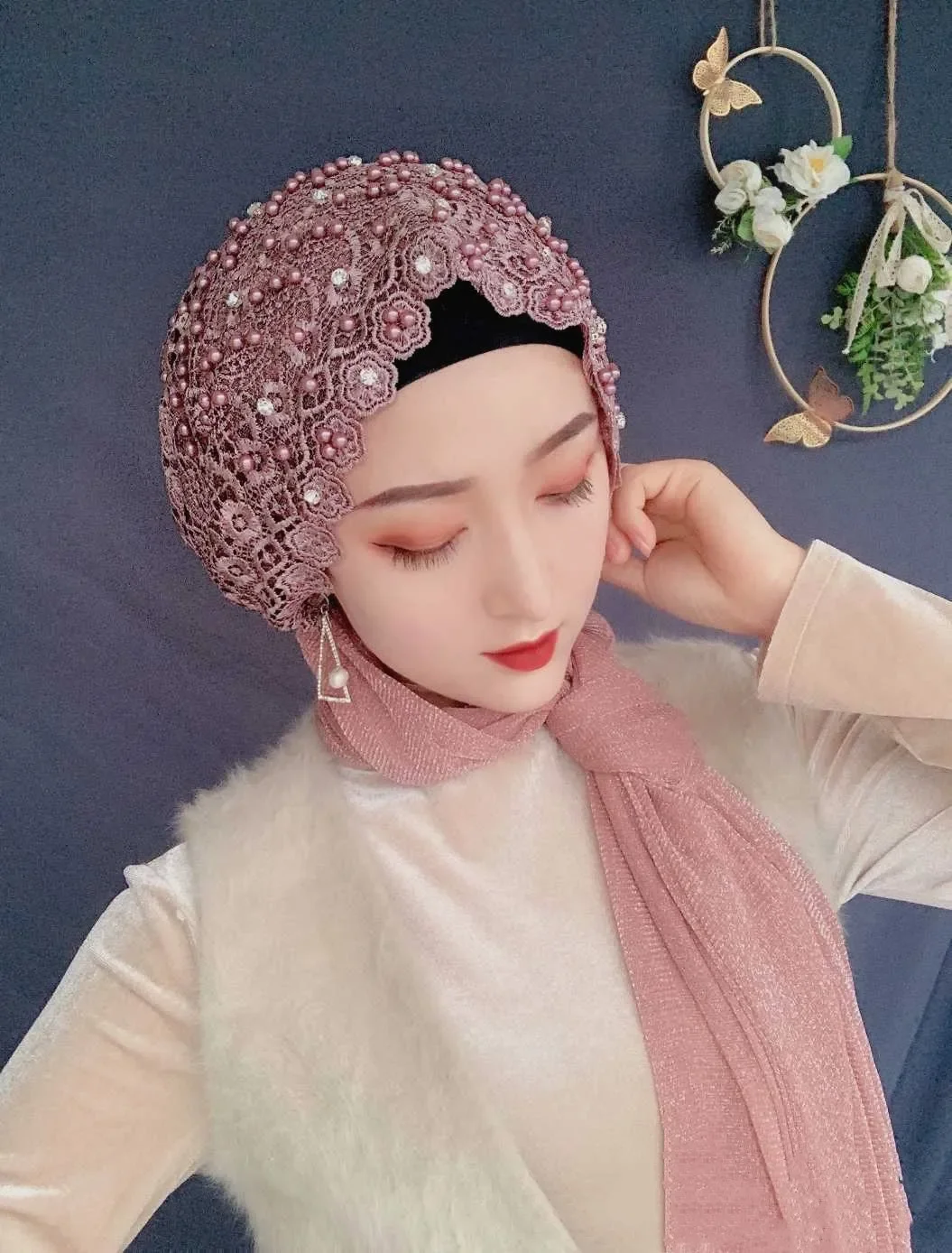 luxe dentelle perles turban casquette dubaï femmes musulmanes fête foulard prêt à porter hijab mode châles bandeau malaisie chapeaux