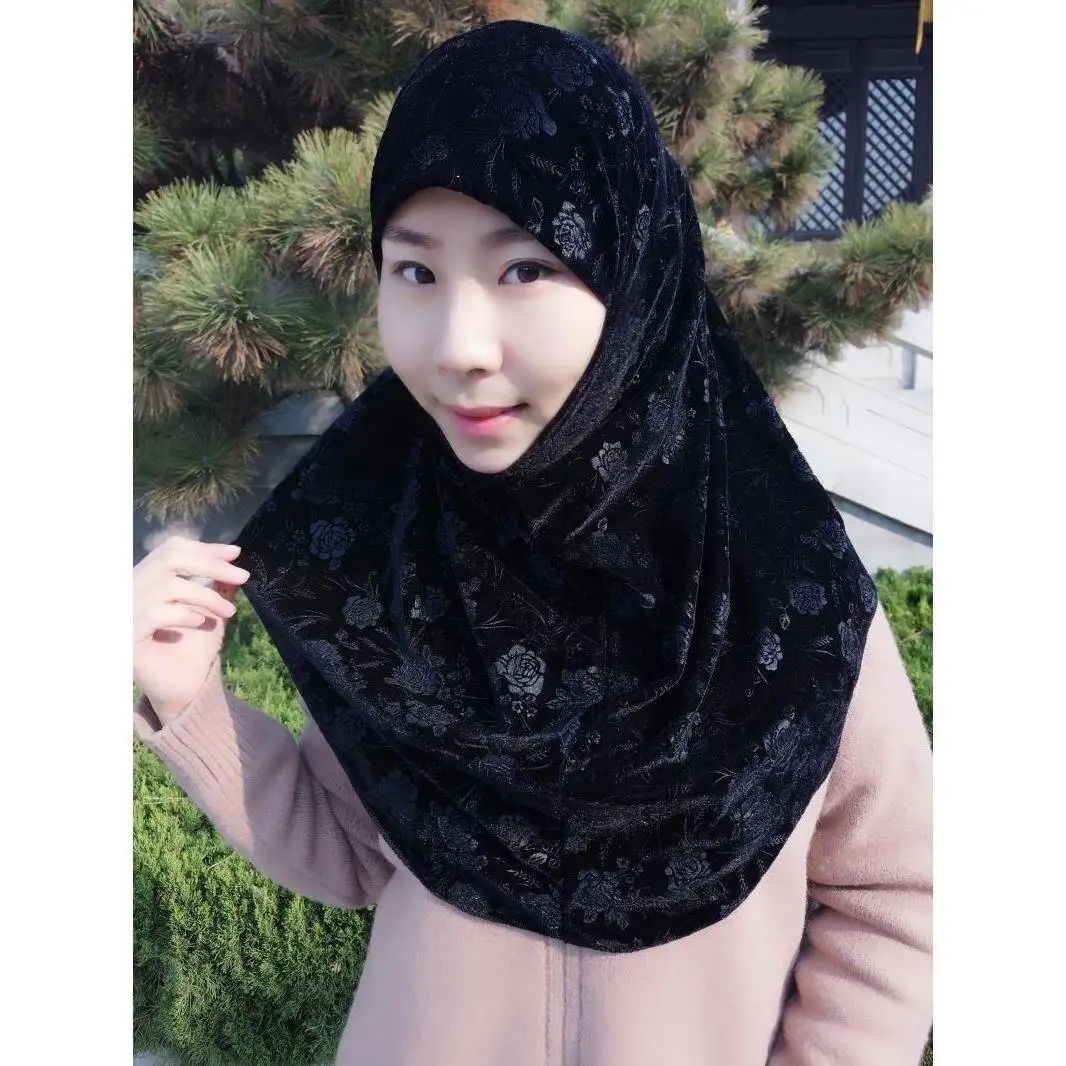 femmes doux velours une pièce hijab longue turban musulman islamique pleine tête impression hijab écharpe
