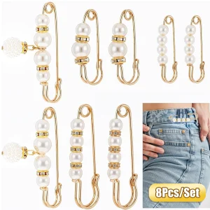 Lot de 8 broches décoratives en perles pour vêtements, épingles de sûreté en perles, épingles à broche en fausses perles pour filles, rallonges de pantalons
