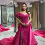 Robes de soirée de luxe pour femmes arabe dubaï personnalisé épaules dénudées cristal paillettes une ligne longue Fuchsia robe de soirée de fiançailles
