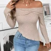 haut en tricot côtelé beige pour femme, épaules dénudées, manches longues, ourlet asymétrique, élégant pour fête et styles décontractés, pull, vêtements y2k