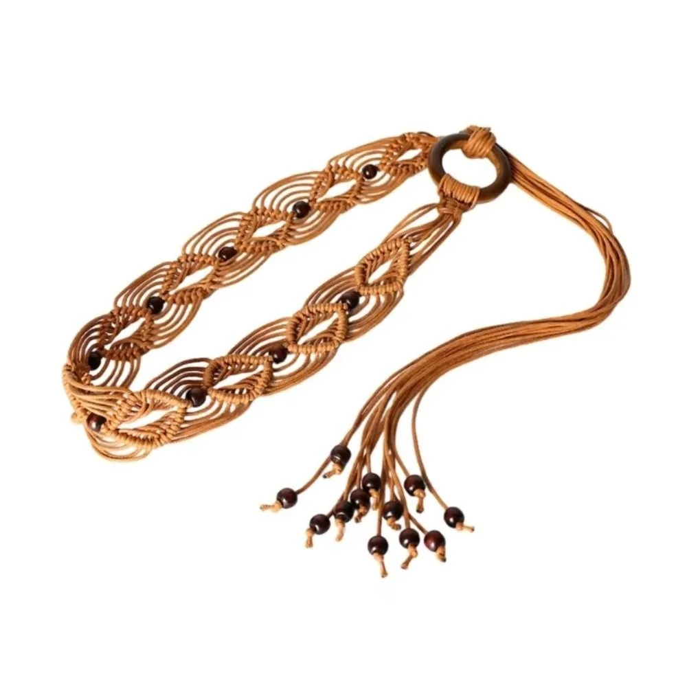 Corde de cire pour femme, corde de taille, Style bohème, ceinture à nœud tissé avec glands, décors de perles en bois, chaîne de taille de Style ethnique, vacances