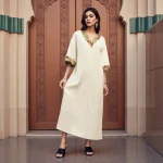 Femmes plissées Ramadan Abaya élégant dentelle broderie florale col en v robes de prière islamique robes arabes Robe