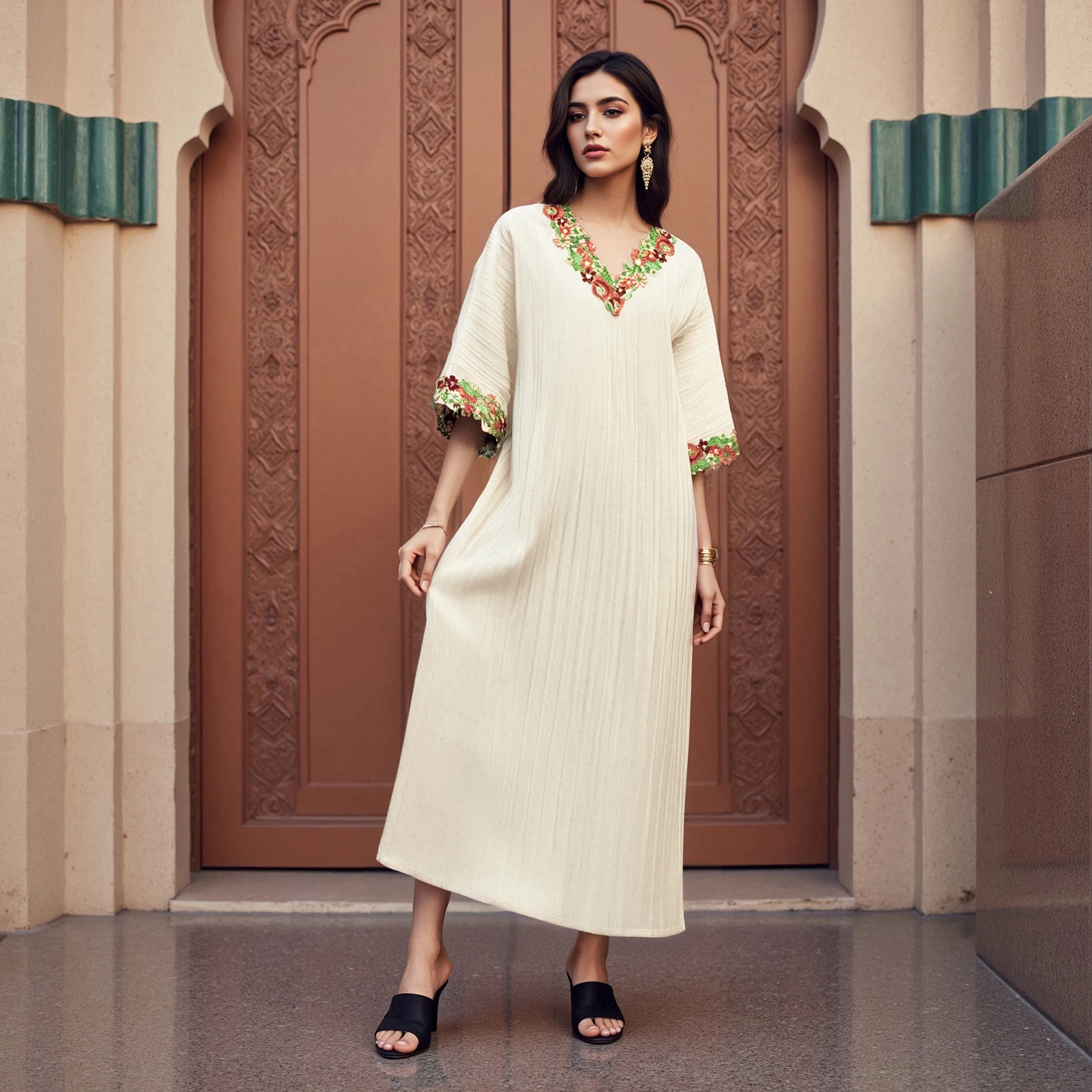 Femmes plissées Ramadan Abaya élégant dentelle broderie florale col en v robes de prière islamique robes arabes Robe Femmes plissées Ramadan Abaya élégant dentelle broderie florale col en v robes de prière islamique robes arabes Robe