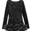 mini robe à paillettes pour femmes, col rond, manches longues, volants, couleur unie, brillante, chic, sexy, élégante, robes de soirée, 2025