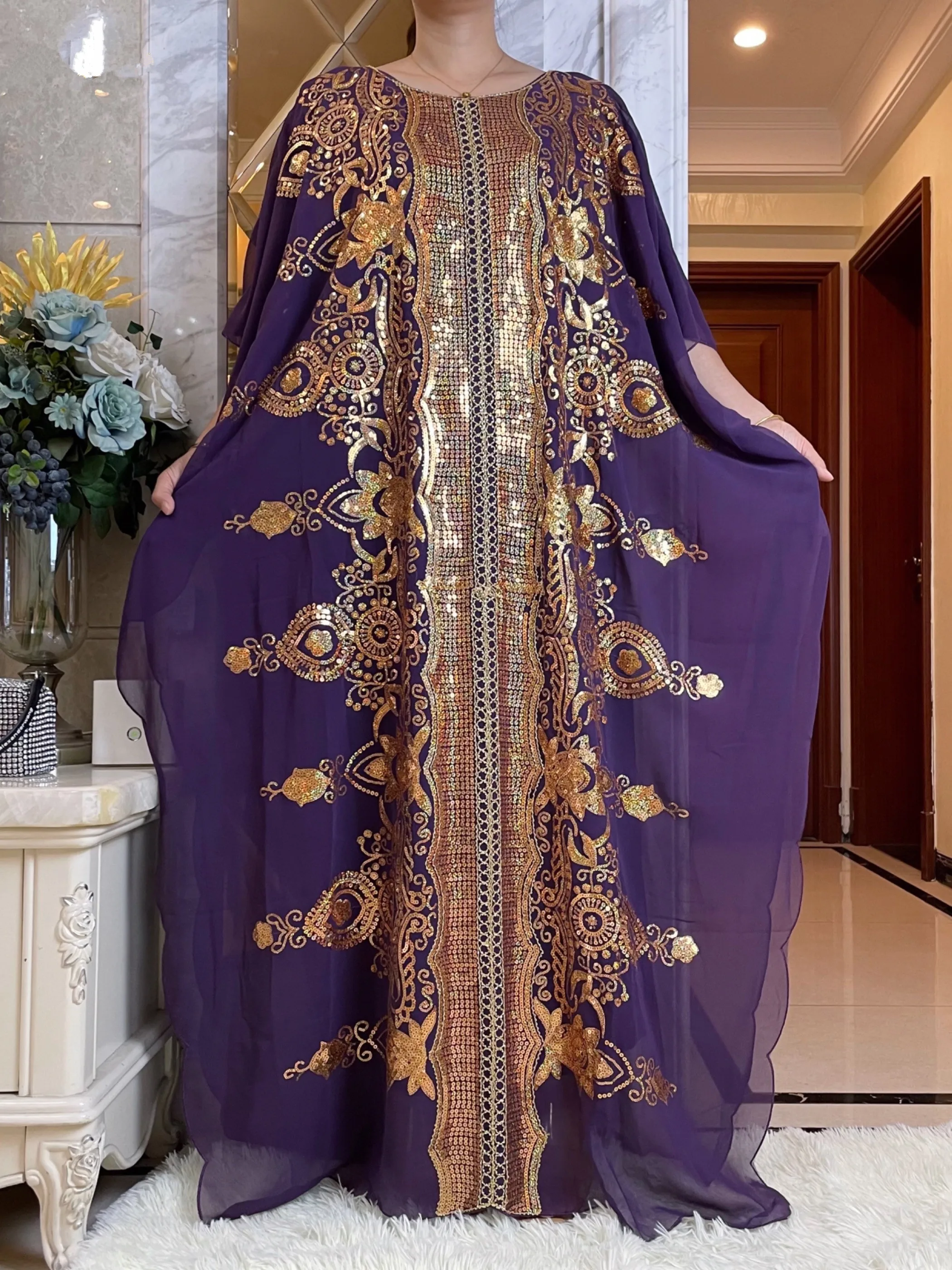 2025 nouvelles femmes africaines Dashiki mode musulmane Abaya élégant en mousseline de soie manches chauve-souris paillettes Robe ample Robe élégante taille libre
