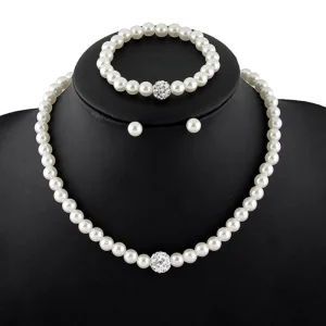 Ensembles de bijoux en perles blanches pour femmes, boule de strass de luxe, collier, boucles d&rsquo;oreilles, Bracelets